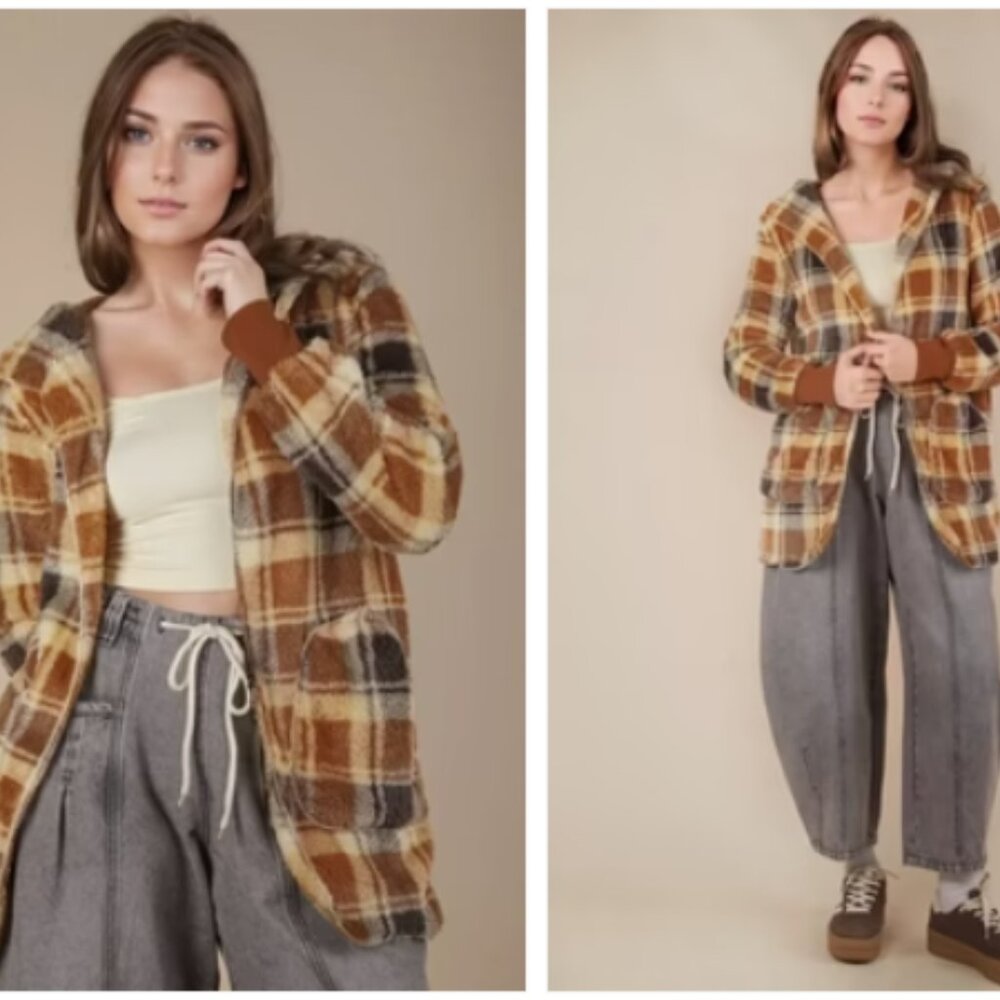 New In Camel Mix Plaid Sherpa Hooded Shacket Jacket Size S NWT